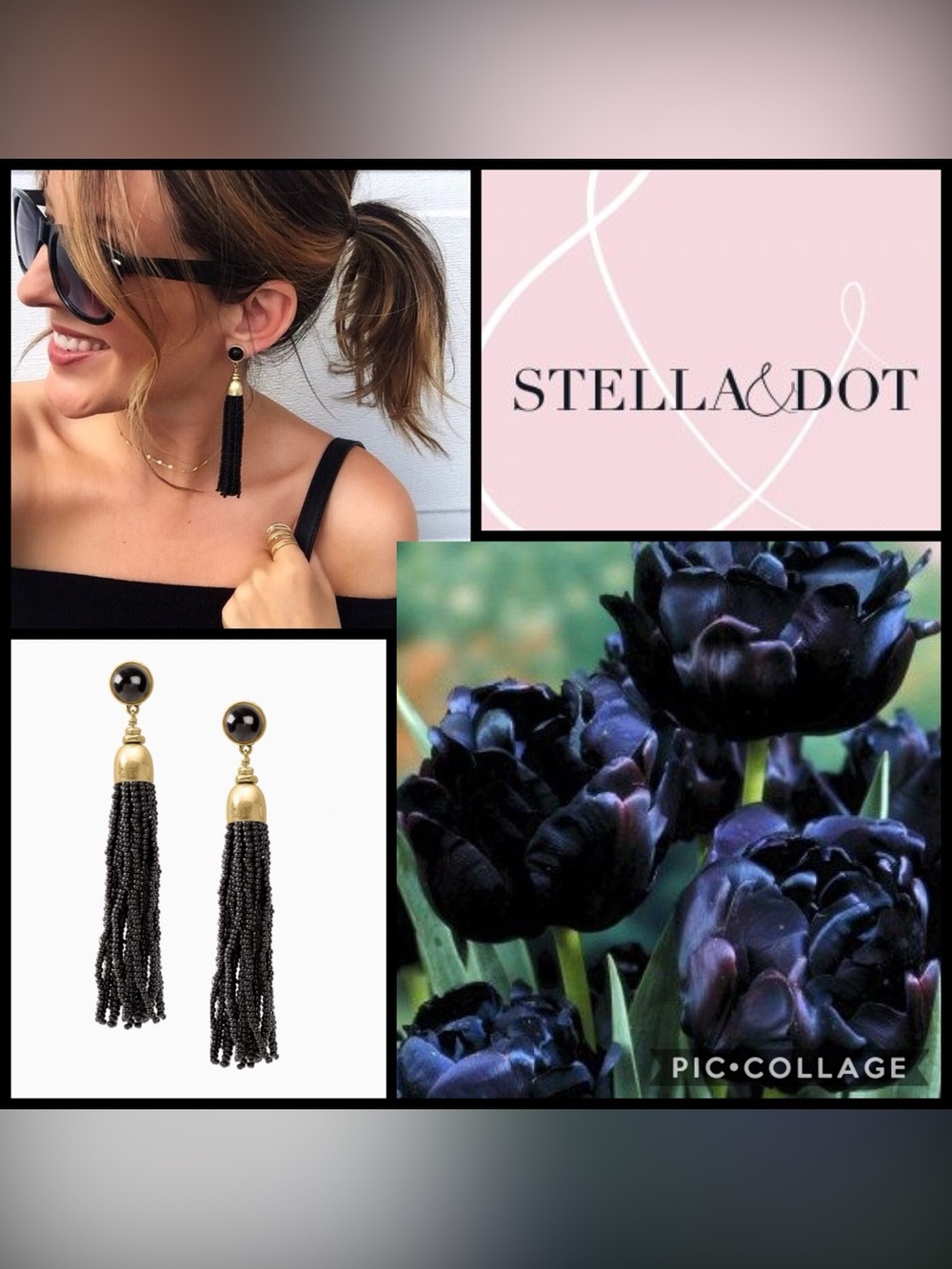 Stella & Dot Black and Gold Beaded Tassel Earrings - BRAND NEW IN BOX